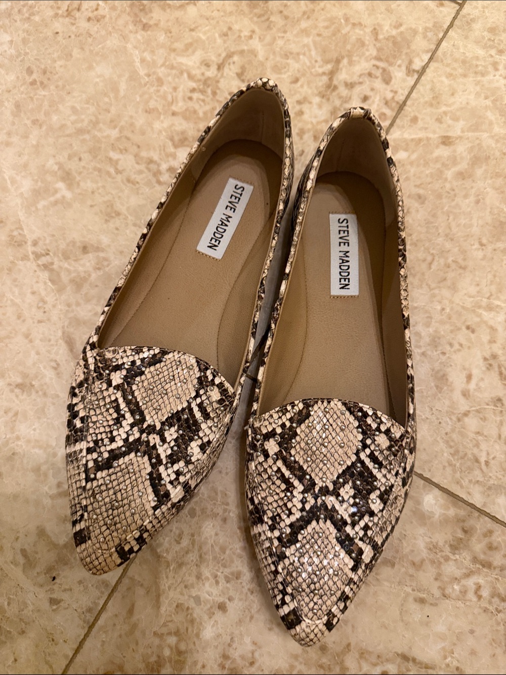 Steve Madden Women's Snake-Print Pointed Flats in Beige and Black